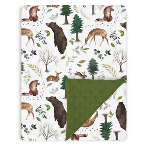 Forest Woods Animal Baby Blankets for Girls Boys 30" x 40", Green Soft Double Layer Minky Blanket with Dotted Fleece Back, Nursery Bed Receiving Quilt for Newborn Infant Toddler Shower Gift