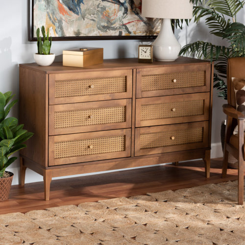 Bay Isle Home™ Bianaca Ramiel Mid-Century Modern Ash Wood and Rattan 6-Drawer Dresser & Reviews | Wayfair