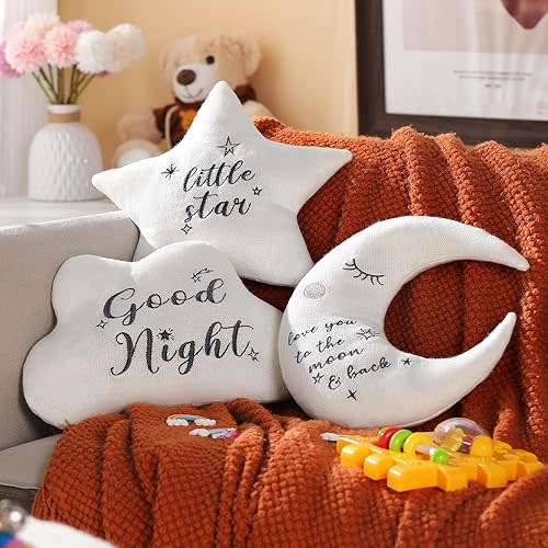 3 Pcs Moon Star Cloud Nursery Pillow Cute Cloud Shaped Pillow Decorative Stuffed Soft Fluffy Moon and Stars Nursery Decor for Bedroom Party Supplies