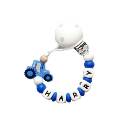 Personalized Silicone Dummy Clip: Tractor Baby Pacifier Chain