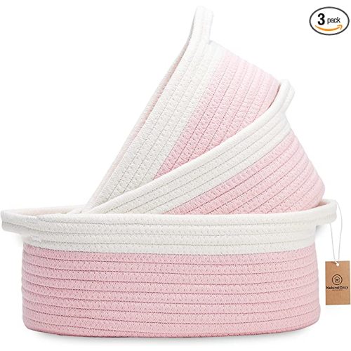 NaturalCozy 3-Piece Oval Storage Basket Set– Cotton Rope Woven Baskets for Storage, Gift Basket Empty, Toy Basket, Soft Baby Basket for Nursery, Cat Dog Toy Baskets, Small Basket (Off White & Pink)