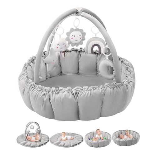 Deekuiwi 5-in-1 Convertible Baby Gym Play Mat with Hanging Toys, Soft Padded Baby Lounger & Ball Pit, Plush Tummy Time Mat for Newborns to Toddlers, Machine Washable, Gray