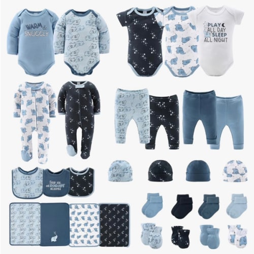 The Peanutshell Baby Layette Gift Set for Boys - 30 Piece Layette Set, Newborn to 9 Months Baby Boy Clothes - Elephant Blue