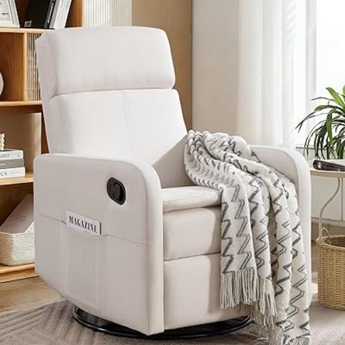 Swivel Rocking Recliner Chair for Adults, Upholstered Fabric Glider Recliner, Reclining Chair with Side Pockets and Double-Thick Cushion for Living Room Bedroom Nursery (Beige)