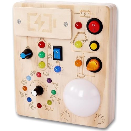 Montessori Wooden Busy Board Activity Board with Tap Clap Light, Safe Durable Sensory Educational Toy for 1-4 Year Olds, Build Fine Motor & Hand-Eye Coordination for Toddler Boys & Girls