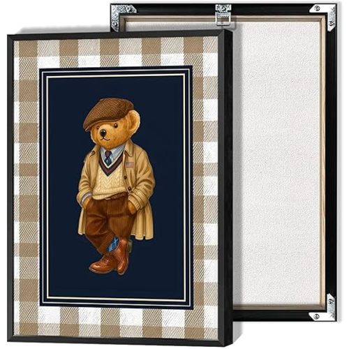 Vintage Teddy Bear Canvas Wall Art Polo Trench Coat Animals Poster Funny Minimalist Lattice Pictures Canvas Prints Painting For Living Room Bedroom Apartment Wall Decor 8x12in Wrapped Canvas