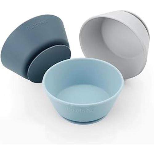 PandaEar 3 Pack Baby Suction Bowls|Silicone Food Bowls First Stage Feeding for Baby Toddler Infant Kids| Food Grade Soft Safe BPA-Free Silicone Toddler Bowls -Blue/Gray