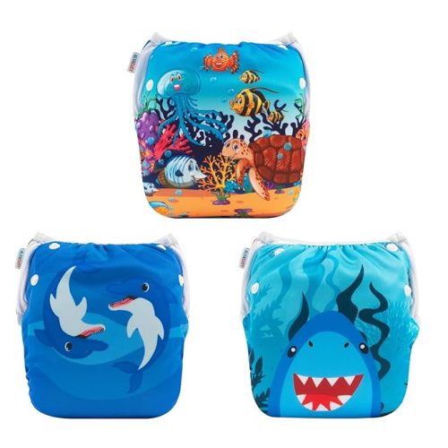 ALVABABY Swim Diapers 2pcs Reusable Baby Boy Swim Diaper 0-8 Months Adjustable Snap Washable Infant Toddler Swimming Diaper for Pool Beach & Swim Lessons – Waterproof PUL Leak-Proof UPF 30+ Small Size