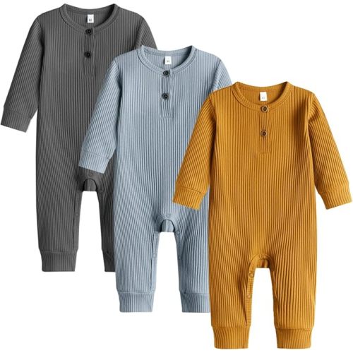 Baby Boy Girl 3 Pack Solid Romper Ribbed Long Sleeve