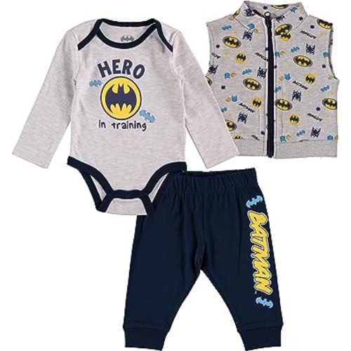 Happy Threads Baby Boy 3 Piece Set Includes Bodysuit, Pants and a Zip-up Vest (Grey/Black/Yellow, 0-3 Months)