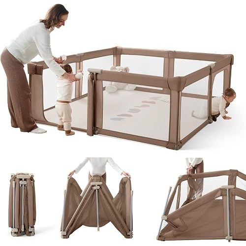 Foldable Baby Playpen,Portable Indoor & Outdoor Playpen for Babies and Toddlers,59”x59”Extra Large Play Pen with Gate,Collapsible Baby Fence with Travel Bag(Deep Khaki)