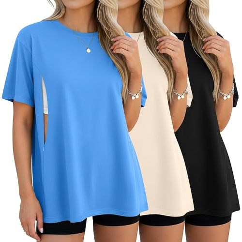 3 Pack Women's Oversize Nursing Breastfeeding Shirts Hidden Zipper Short Sleeve Loose Fit Maternity Tops