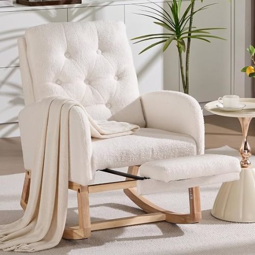 Nursery Rocking Chair, Corduroy Upholstered Glider Rocker with Adjustable Footrest, Button Tufted Glider Recliner with Side Pocket & High Back, Accent Chair for Living Room (White Corduroy)