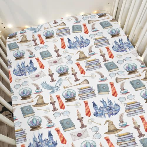 Watercolor Magics Baby Crib Sheets for Boy Girl 52"x28" Owl Wizard Witch Hat Letter Book Soft Stretchy Fitted Crib Mattress Cover Wizard Universe Baby Sheet for Standard Crib & Toddler Mattress Pad