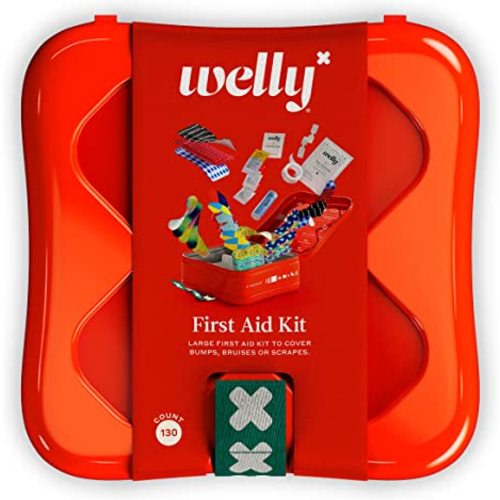 Welly First Aid Kit - Adhesive Flexible Fabric and Waterproof Bandages, Tape Non-Stick Pads, Butterfly Strips, Singe Use Ointments Triple Antibiotic Hydrocortisone, Ibuprofen 130 Count