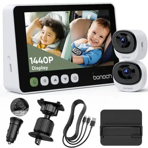 bonoch - 2K Baby Car Camera Monitor with Full Crystal Night Vision and 360° Rotating Wide View Dual Cameras - White