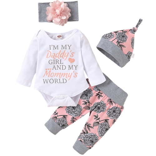 4Pcs Cute Newborn Baby Girl Clothes, White Infant Girl Going Home Outfit, Little Sister Newborn Outfit Floral Hoodie T-Shirt Top + Pants Outfits Set