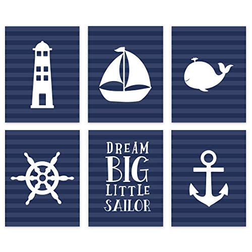 Andaz Press Ocean Nautical Sailor Theme Nursery Kids Bedroom Hanging Wall Art Decor, 8.5x11-inch, Classic Navy Blue Stripes, Dream Big Little Sailor, 6-Pack, Unframed Room Poster