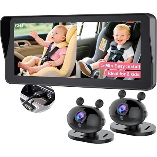 1080P Dual Baby Car Camera: 6.9" Split-Screen Monitor 2-Kids for Large SUV