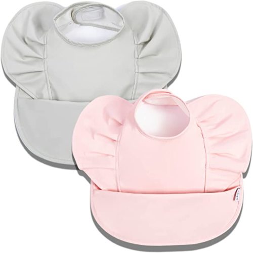 Amazon.com: Bibtique Pack of 2 Ruffle Smock Bibs For Babies 6-24 Months - Baby Eating Bib with Food Catcher - Waterproof, Wipeable and Machine Washable Bib for Toddler - Sage/Pink Blush : Baby