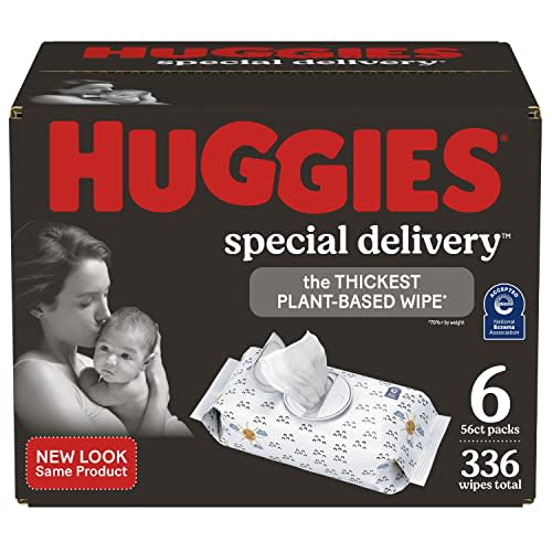 Hypoallergenic Baby Wipes, Unscented, Huggies Special Delivery Baby Diaper Wipes, Safe for Sensitive Skin, 99% Purified Water, 6 Push Button Packs (336 Wipes Total)