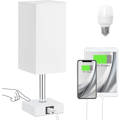 Ambimall Touch Control Table Lamp with USB A+C Charging Ports - 3 Way Touch Lamps Bedside, Nightstand Lamp for Bedrooms Living Room Nursery, LED Bulb Included(White Shade)
