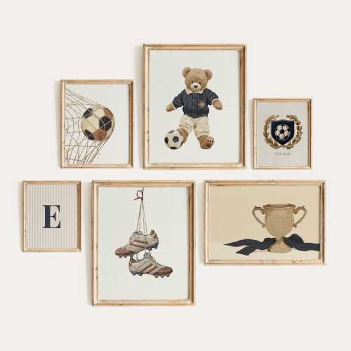 Preppy Bear Football Nursery Wall Art Set, Personalized Kids Room Soccer Printables, Boys Room Sports Decor, Neutral Beige Playroom Poster