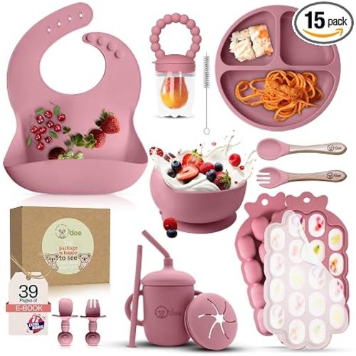 O'doe™Baby Weaning Set, 15 Pcs Silicone Baby Feeding Set | BPA-Free | Silicone Feeding Set for Baby with Suction Plate, Bowl, Bib, Sippy Cup, Fruit Feeder & Freezer Tray