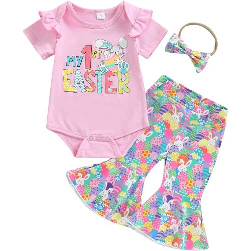 Baby Girl Outfit Infant Rib Ruffle Long Sleeve Romper Onesie Top Bell-Bottom Denim Pants Sets Cute Clothes