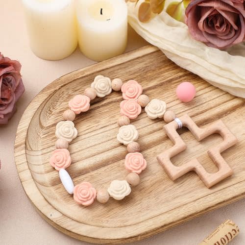 Landical Cross Baptism Silicone Rosary Silicone Ten Year Rosary Baby Shower Baptism Party Supply Catholic First Communion Gift Christian Communion Party Decorations(Rose,Light Pink)