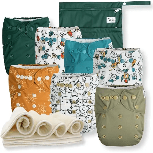 Nora's Nursery Cloth Diapers 7 Pack with 7 Inserts & 1 Wet Bag - Waterproof Cover, Washable, Reusable & One Size Adjustable Pocket Diapers for Newborns and Toddlers - Outer Space