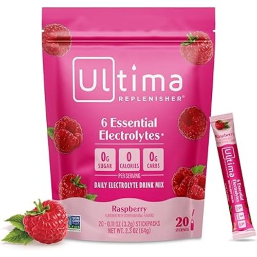 Ultima Replenisher Daily Electrolyte Powder Drink Mix – Sugar Free – Raspberry, 20 Stickpacks – Hydration Packets with 6 Key Electrolytes and Trace Minerals – Keto Friendly, Vegan, Non-GMO