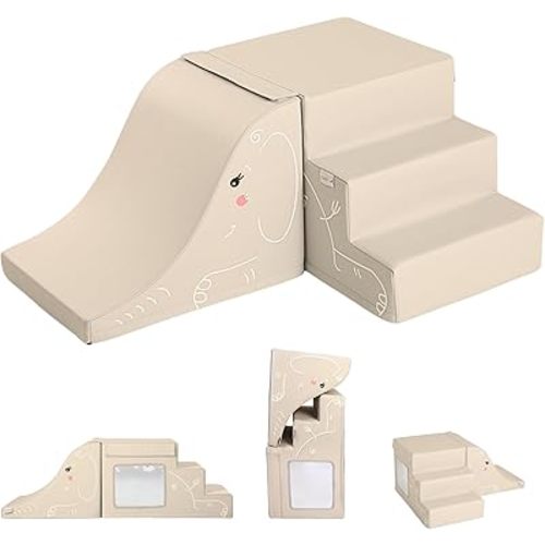 LORAIA® Non-toxic foam climbing blocks for toddlers - 13'' vegan leather baby climbing blocks - High-end soft play set w/TOP fasteners & baby slide - Climbing toys for toddlers 1-3 inside (Warm Beige)