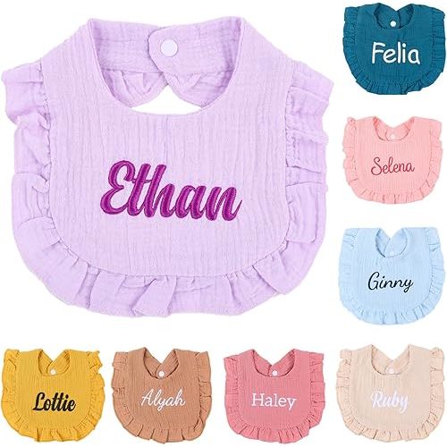 Van Fan & Shi Personalized Embroidered Baby Bib pure Cotton Muslin with Name, Customed Monogrammed Baby Girl Soft Bib for Girl, Ruffle Bibs Gift Baby Shower Birthday Christmas