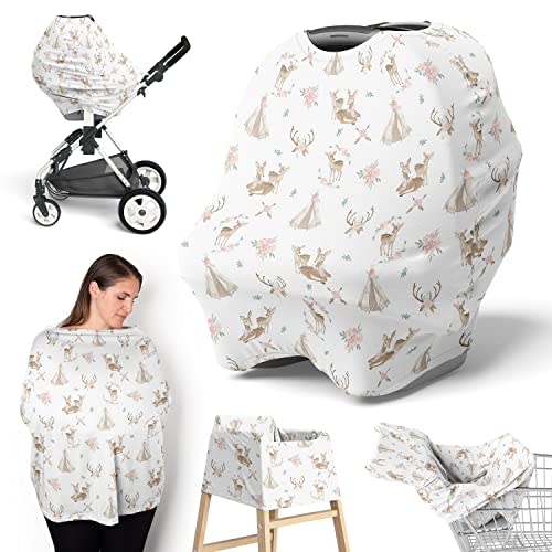 Sweet Jojo Designs Woodland Deer Floral Girl Infant Baby Car Seat Cover Nursing Breastfeeding Shopping Cart Stroller Canopy Blush Pink Mint Green Boho Watercolor Bohemian Forest Animal Shabby Chic