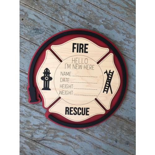 Firefighter Baby Birth Stat Sign: Engraved Wooden Name Announcement Plaque