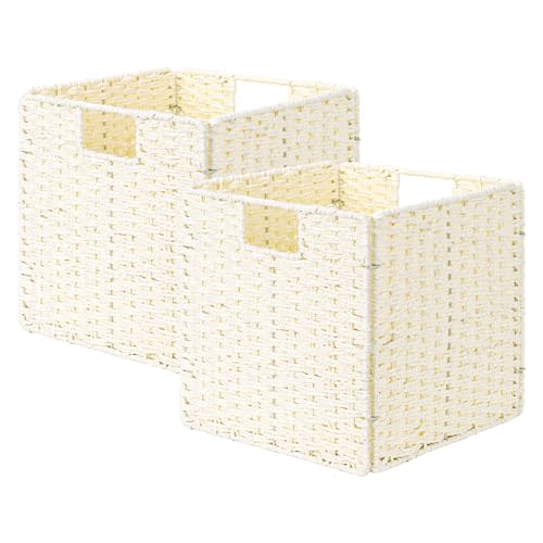 StorageWorks 11 inch Wicker Baskets, Handwoven Storage Cubes with Handles, Foldable Paper Rope Basket for Organizing, Beige, 2 Pack