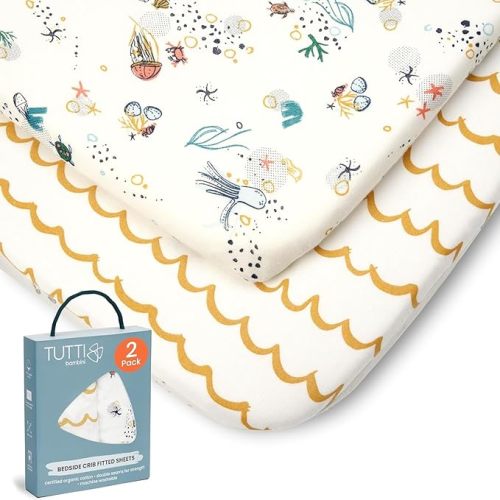 Tutti Bambini Premium Bassinet Sheets (2 Pack) - Soft & Breathable Bamboo Jersey, Double-Strength Bedside Sleeper Sheets, Fits Mattresses from 20.8 x 31.5 in to 23.6 x 35.4 in (Our Planet)
