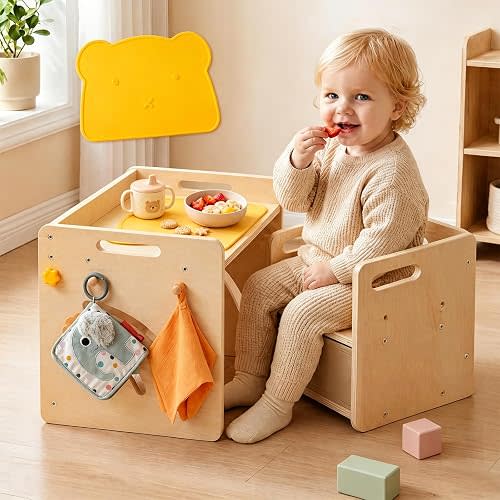 Montessori Table and Chair Set - Adjustable Toddler Weaning Table with Storage Box & Table Mat, Baby Furniture Gift for 1-3 Year Old Kids Learning, Play and Mealtime