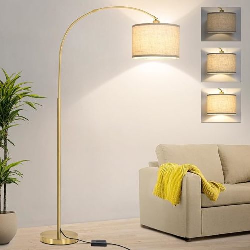 Gold Arc Floor Lamp, Dimmable Floor Lamp for Living Room, Mordern Standing Light with Adjustable Lamp Head, Tall Pole Lamp Over Couch Arched Light for Reading, Bedroom, Office, 9W LED Bulb Included