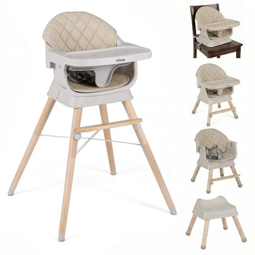INFANS Baby High Chair, 6 in 1 Wooden Convertible Highchair for Babies and Toddlers, Infant Dining Booster Seat Kids Stool with Adjustable Removable Tray (Beige)