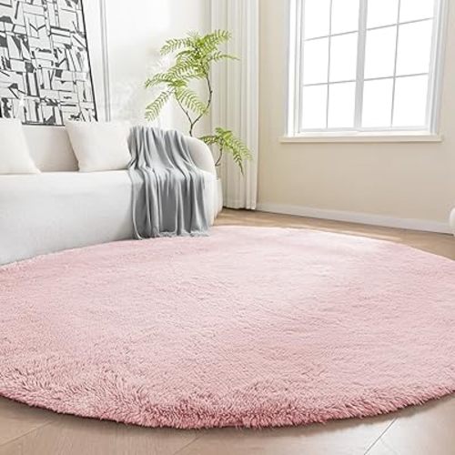 Amazon Basics Fluffy Washable Round Area Rug, Circle Shaggy Carpet for Living Room, Bedroom, Nursery, 4'R, Pink