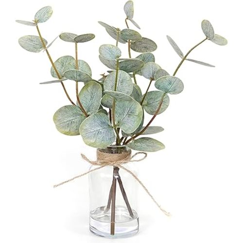 Artificial Eucalyptus Stems in Glass Vase with Faux Water,3Pcs Fake Plant with Double-Sided Green Leaves for Centerpiece(Double-Sided Green Eucalyptus)
