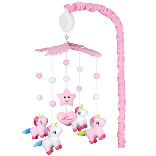 Baby Crib Mobile with Rotating Music Box and 28” Mobile Arm, Unicorm Crib Mobile for Baby Girls with 6 Plush Toys 35 Lullabies, Musical Nursery Mobile, Pink Nursery Decor, Crib Toys for Infant Baby