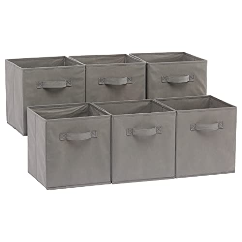 Amazon Basics Collapsible Fabric Storage Cubes Organizer with Handles, Sturdy, Gray, 10.5-x-10.5-x-11-inch, Pack of 6