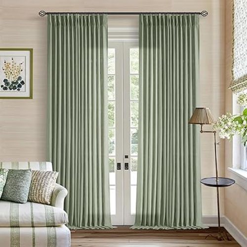 Sage Green Linen Curtains 102 Inches Long 2 Panels for Living Room Modern Thick Linen Flax Pinch Pleated Memory Trained Light Filtering Ceiling Semi Sheer 102 Inch Curtain with Hook Rings Back Tab