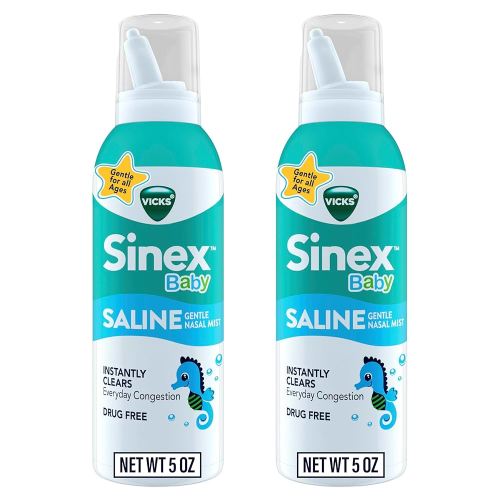 VICKS Sinex Baby Saline Nasal Spray, Drug Free Gentle Nasal Mist, Instantly Clears Everyday Stuffy Little Noses, Soothes & Hydrates, Safe For Daily Use, Gentle For All Ages, 5 OZ x 2