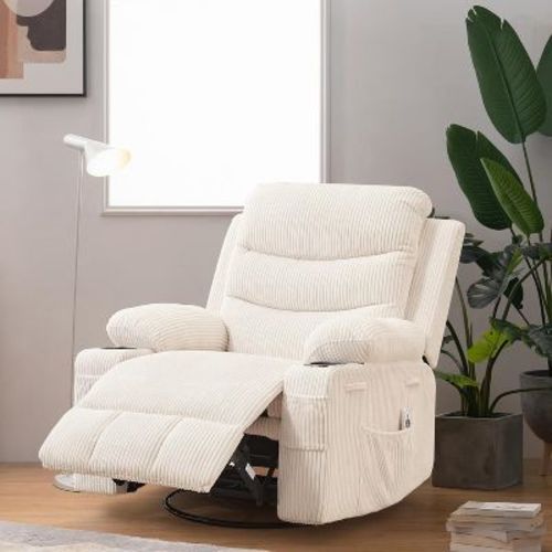 360 Swivel Rocker Chair Small Rocking Recliner, Upholstered Fabric Glider Nursery Chair with Side Pockets with Cup Holder, Massage and Heat Recliner