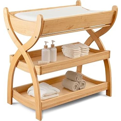 Comfy Cubs Baby Changing Table - Sturdy Wood Construction, Timeless Look Baby Change Table with Two Open Shelves for Infant Daycare Essentials Storage - Natural Wood