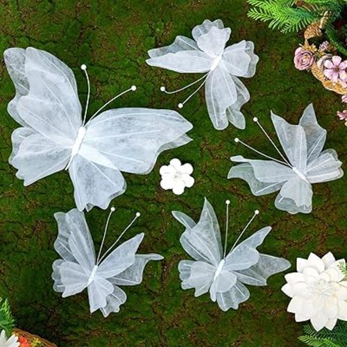 OBBOLO 3D Hanging Butterfly Decorations, White Butterfly Birthday Party Decorations, 5 Pcs Water-Repellent Paper Butterfly Hanging Decorations for Girls, Women, Flower Garden Party Décor